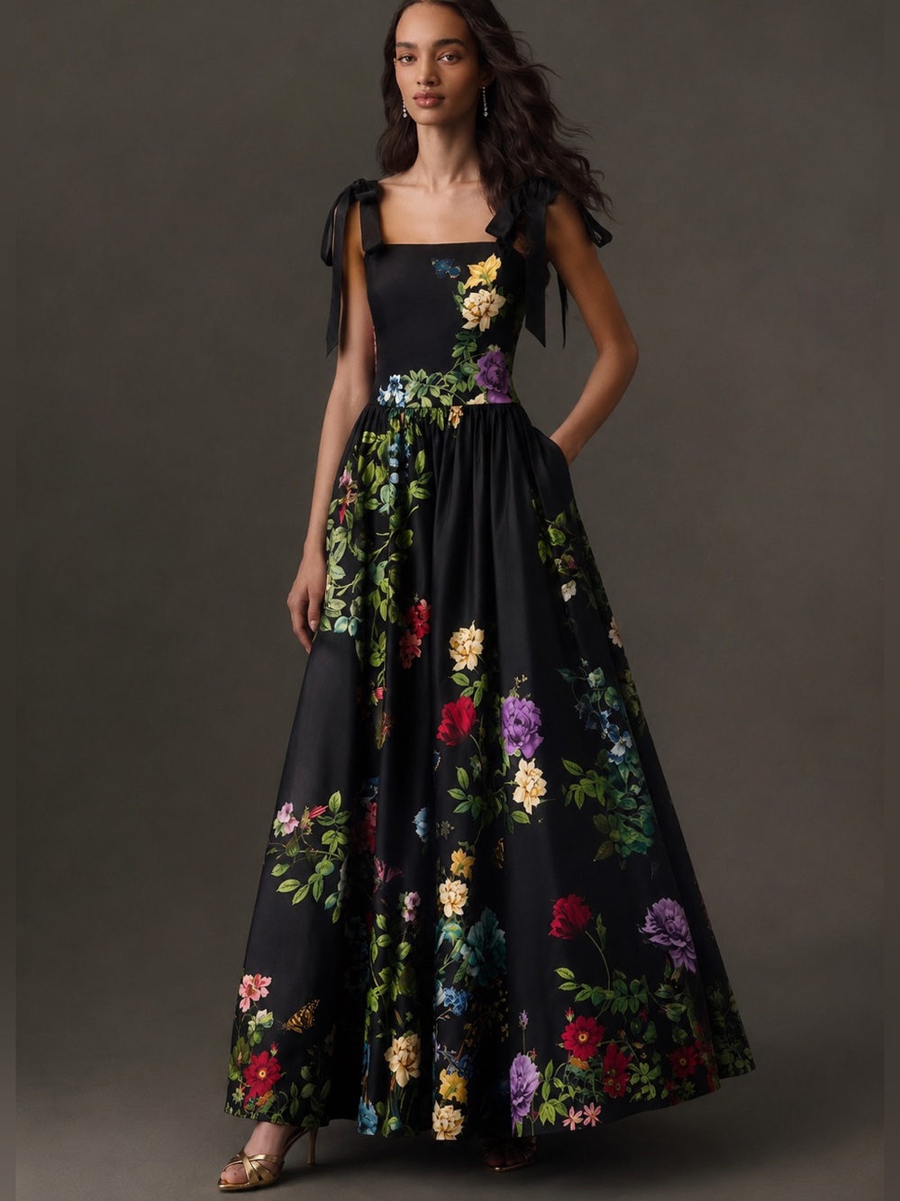 NWT Alice + Olivia Oriana Venus Floral Drop Waist Shoulder Tie Maxi Dress Size 4